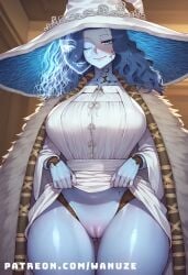 4_arms ai_generated big_ass big_breasts big_butt big_thighs blue_eyes blue_hair blue_skin blush cloak colored_skin dress dress_lift elden_ring huge_ass huge_breasts huge_butt huge_thighs one_eye_closed pussy ranni_the_witch wanuze wide_hips witch_hat