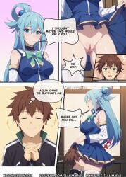 1boy 1boy1girl 1girls 2024 ai_generated aqua_(konosuba) big_breasts comic cover_page detailed doujinshi english_text hi_res illumaru kono_subarashii_sekai_ni_shukufuku_wo! manga s satou_kazuma stable_diffusion text webcomic wet_body wide_hips