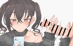 1boy absurdres afterimage bar_censor black_hair black_sweater blush brown_eyes cellphone censored closed_mouth erection female hair_between_eyes handjob highres holding holding_phone idolmaster idolmaster_cinderella_girls medium_hair mole mole_under_eye penis phone single_bare_shoulder single_off_shoulder sleeves_past_wrists smartphone solo_focus straight sunazuka_akira sweater twintails wasabijoyu76 white_background