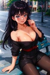 1girls ai_generated anime asian babe bangs bare_shoulders beautiful beautiful_females black_hair black_shirt buildings city city_background cleavage curvy date daytime female inuyasha japanese japanese_female kikyo_(inuyasha) looking_at_viewer off_shoulder_dress pantyhose post red_ribbon ribbon seat seductive seductive_eyes sexy sitting skirt smile solo_focus stable_diffusion street toongenai trees valentine's_day voluptuous_female