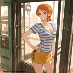 ai_generated arm_on_hip beautfiul_background bored breasts brown_eyes cleavage collarbone medium_breasts miniskirt mist-covered_ground nami_(one_piece) orange_hair phone_booth short_hair short_sleeves striped_shirt stunning_backgroud warm_breeze white_shirt yellow_skirt