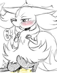 blush braixen canine crying female fennec fox japanese_text kiriya mammal monochrome nintendo open_mouth peeing pokémon_(species) pokemon pokemon_(species) simple_background sitting sitting_pee sketch solo stick tears text urine video_games