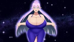 blue_clothing blue_dress blue_eyes breasts_bigger_than_head cleavage collarbone dress facing_viewer huge_breasts large_breasts looking_at_viewer original original_character pointy_ears purple_hair skindentation space sparkling_dress stars stars_in_hair thighs timaeus vega_(timaeus) wide_hips