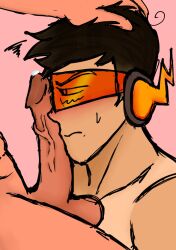 blush cock cock_slap dark_hair darker_penis dick embarrassed gay hesitant muscular_male oc orange_lenses orange_visor original_character penis precum precum_on_penis resisting short_hair_male side_view simple_background simple_shading speedster superhero sweat tan_line tan_skin veins veiny_penis yaoi