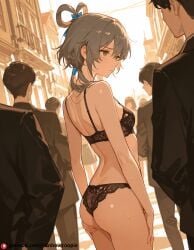 ai_generated beautfiul_background butt_grab crowded_streets drenched_in_rain furrowed_brow hair_messy lace_lingerie luo_tianyi small_breasts stunning_backgroud sweat vocaloid