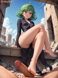 1boy 1girls ai_generated crossed_legs curly_hair dress feet footjob green_eyes green_hair highres large_penis looking_at_viewer looking_down malth one-footed_footjob one-punch_man outdoors rubble ruins short_hair sitting small_breasts soles tatsumaki thick_thighs toes