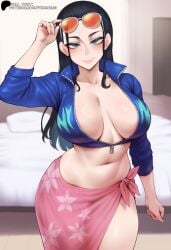 ai_generated arm_up black_hair blue_eyes blue_jacket crop_top eyewear_on_head forehead hi_res highres large_breasts long_hair looking_at_viewer loose_hair nico_robin one_piece pink_sarong primosan reverse_cowgirl_position sarong smile standing sunglasses unzipped