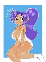 blue_background brown_skin notwawita purple_hair shantae shantae_(character) white_dress