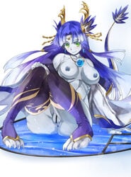 anus bare_shoulders blue_hair blue_skin breasts censored detached_sleeves female green_eyes hair_ornament jewelry long_hair nipples nude pendant pointy_ears pussy puzzle_&_dragons sitting smile solo sumire_(p&d) thighhighs toeless_legwear toes yohane