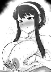 1boy absurdres black_hair blush breasts breasts_squeezed_together breath closed_mouth earrings female flying_sweatdrops greyscale hairband highres jewelry kaiman_garupan large_breasts monochrome nipples paizuri penis spy_x_family straight sweat wavy_mouth white_hairband yor_briar