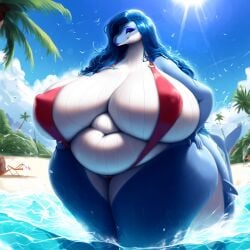 ai_generated belly big_belly big_breasts bikini breasts chubby chubby_female female looking_at_viewer mommy nipples obese obese_female overweight overweight_female tail thepyromancerfox whale whale_tail