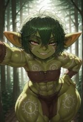 1girls ai_generated curvy curvy_female eye_contact female female_focus freckles freckles_on_face goblin goblin_female goblin_girl green-skinned_female green_skin looking_at_viewer muscular_female oc original original_character pointy_ears seductive seductive_look seductive_pose smile smiling smiling_at_viewer solo tribal