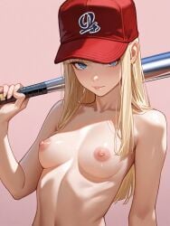 1girls ai_generated andava_(style) baseball_bat baseball_cap blonde_hair blue_eyes blunt_bangs completely_nude completely_nude_female kosine1777 kosineverse light-skinned_female light_skin linne_(kosine1777) nipples nude nude_female original original_character red_hat small_breasts