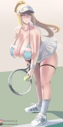 1girls absurd_res bimbo blonde_hair breasts cleavage female female_focus female_only ferdinandus hi_res huge_breasts large_ass light-skinned_female light_skin metroid mole mole_under_mouth ponytail samus_aran skindentation skirt solo stripper_tits tennis tennis_ball tennis_racket tennis_uniform thick_thighs thighs