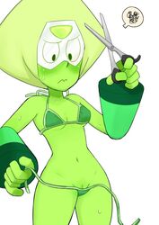 bikini blush breasts female female_only gem_(species) gnome-no green_bikini green_hair green_skin hairless_pussy limb_enhancers looking_down navel peridot_(steven_universe) pussy scissors small_breasts solo standing steven_universe sweat undressing visor white_background