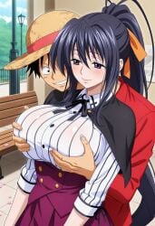 ai_generated akeno_himejima dxd excited grabbing_breasts groping_breasts high_school_dxd himejima_akeno monkey_d_luffy one_piece outside seductive sexy smile