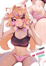 ahoge animal_ear_fluff animal_ears armpits arms_up artist_name bare_arms bare_shoulders black_choker black_tank_top blonde_hair blue_nails blush bow_panties bra breasts brown_hair camisole cat_ears cat_girl choker cleavage closed_mouth collarbone crop_top eyebrows_visible_through_hair female frown hair_ornament hairclip long_hair looking_at_viewer medium_breasts midriff multicolored_hair multiple_views nail_polish navel no_pants panties panties_under_pantyhose pantyhose piercing pink_bra pink_eyes pink_panties purple_eyes purple_nails solo squchan squchan_(vtuber) stomach streaked_hair striped striped_bra striped_panties tail tail_raised thighhighs two-tone_hair underwear underwear_only upside-down vyugen watermark white_background white_legwear