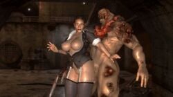 1boy 1girl breasts brown_hair clothing female glasses hetero ingrid_hunnigan large_breasts monster mosaic_censoring mutant nipples penis resident_evil sex thighhighs zeroreyko zombie