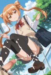 1boy after_footjob ai_generated androgynous bukkake crossdressing cum cum_in_feet cum_on_shoes cum_on_socks femboy feminine_body feminine_male footjob himegoto oda_mitsunga orange_eyes orange_hair penis sockjob socks trap