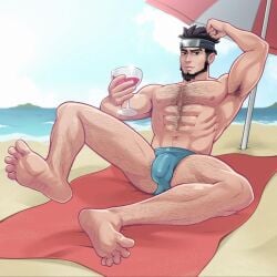 balls bara beard bulge facial_hair flaccid headband hornyyberry male male_only muscles muscular naruto penis sarutobi_asuma solo solo_male