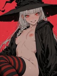 1girls ai_generated cherrae_(kosine1777) cloak flat_chest freckles kosine1777 kosineverse large_hat long_hair nipples nude original original_character red_eyes single_braid small_breasts standing stockings striped_stockings white_hair witch witch_hat