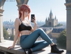 1girls ai_generated artist_name big_ass big_breasts big_butt bigz_ai braided_hair chainsaw_man cleavage eyes female female_focus golden_eyes hi_res highres jeans large_breasts light-skinned_female makima_(chainsaw_man) medium_breasts on_roof outdoors patreon_username phone red_hair selfie sitting smile solo solo_female strapless thighs topwear yellow_eyes