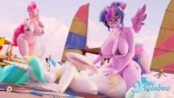 3d_(artwork) alicorn anthro anthrofied ass big_breasts big_butt bikini biped breasts clothing digital_media_(artwork) equid equine eyelashes female female/female friendship_is_magic group hand_on_butt hasbro hi_res horn lying mammal my_little_pony mythological_creature mythological_equine mythology navel nude on_front on_towel outside pink_body pink_hair pinkie_pie_(mlp) princess_celestia_(mlp) pupils purple_body reinbou swimwear thick_thighs towel trio twilight_sparkle_(mlp) two-piece_swimsuit white_body wings