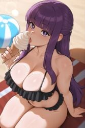 1girls ai_generated bikini breasts eating female fern_(sousou_no_frieren) holding_object huge_breasts ice_cream light-skinned_female light_skin long_hair purple_eyes purple_hair sousou_no_frieren stuffyai thick_thighs wide_hips