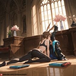 1boy ai_generated amiya_(arknights) arknights beautfiul_background cathedral cherry_blossoms disdain empty_room fellatio handheld_game_console_ medium_breasts sports_bra stunning_backgroud vase yoga_pants