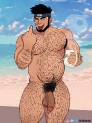 balls bara beard body_hair facial_hair flaccid headband kahtomato male male_only middle_finger muscles muscular naruto nude penis sarutobi_asuma solo solo_male