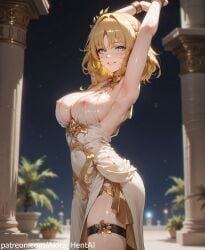 aglaea_(honkai:_star_rail) ai_generated akira_hentai armpits armpits_fetish bare_shoulders big_breasts blonde_female blonde_hair blonde_hair_female breasts breasts_out breasts_squeezed_together breasts_visible_through_clothing choker dress goddess gold_jewelry gold_trim golden golden_choker greek honkai:_star_rail inviting_to_oral looking_at_viewer looking_pleasured milf mommy sideboob thighlet thighs