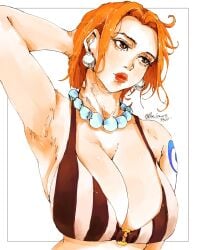 armpits arms_up bikini_top bon_drawr breasts cleavage large_breasts looking_away nami one_piece orange_hair pearl_earrings pearl_necklace