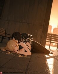 1boy ai_generated beautfiul_background bench blonde_hair crop_top despair hoshimiya_mukuro huge_breasts mist-covered_ground prone_bone_sex stunning_backgroud