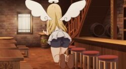 1futa 2020 20s angel angel_wings animated animated ass bar_stool bent_over bike_shorts black_shorts blonde_hair bulge cameltoe covered_testicles crimvael dress floating flying full-package_futanari futanari halo holding holding_tray indoors interior ishuzoku_reviewers long_hair sandals short_dress shorts skirt sleeveless sleeveless_dress stool testicles tray waitress white_dress wings