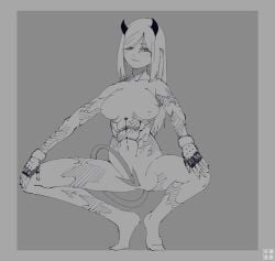 abs burn_scar covering_crotch devil_horns devil_tail fingerless_gloves helltaker horn monochrome muscular_female oc original_character tail