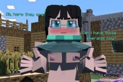 annoyed artist_upload asian big_breasts cosmichannah cubic_breasts dark_hair dialogue flashing flashing_breasts glasses green_eyes lifting_shirt lifting_sweater light_skin minecraft minecraft_background oc public public_nudity stella_hayashida_(cosmichannah)