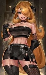 1girls big_breasts breasts cleavage clothed clothing collar cynthia_(pokemon) female female_focus female_only fishnet_armwear fishnet_clothing fishnets goth goth_girl heart light-skinned_female light_skin looking_at_viewer midriff nintendo pokemon saiykik solo