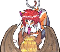 bat breasts feline female komikatz lapping licking long_ears male mammal oral sheath straight tongue tongue_out traditional_media_(artwork) wings