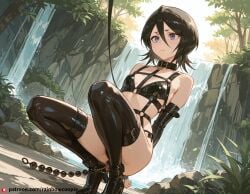 ai_generated anal_beads beautfiul_background bondage bondage bondage_outfit breasts collar crouching exhausted flat_chest foggy harness kuchiki_rukia stunning_backgroud waterfall