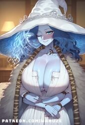 4_arms ai_generated big_ass big_breasts big_butt big_thighs blue_eyes blue_hair blue_skin blush cloak colored_skin dress elden_ring huge_ass huge_breasts huge_butt huge_thighs one_eye_closed ranni_the_witch wanuze wide_hips witch_hat