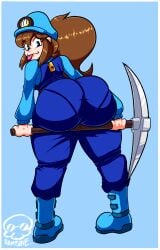 1girls 2d_(artwork) annalynn annalynn_(series) artist_signature ass ass ass_bigger_than_head ass_bigger_than_torso ass_focus fat_ass female female_only hamb0ne huge_ass looking_at_viewer pantylines pickaxe text thick thick_ass thick_thighs tongue tongue_out white_skin