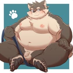 1:1 anthro asian_clothing balls belly canid canine canis clothing domestic_dog dosanco15 east_asian_clothing eyebrows flaccid fundoshi fur genitals grey_body grey_fur hi_res japanese_clothing lifewonders male mammal moritaka_(tas) navel nipples nude pawpads penis scar solo thick_eyebrows tokyo_afterschool_summoners underwear undressing