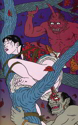 ass blood bondage female fine_art from_below goblin goblin_male horn japanese_clothes monster oni rope rope_bondage shunga straight_hair toshio_saeki tree troll