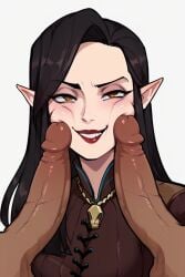 2boys1girl ai_generated black_hair brown_hair camellia_gwerm dark-skinned_male half-elf interracial lipstick long_hair mmf_threesome pathfinder pathfinder_wrath_of_the_righteous penis_awe penis_on_cheek penis_on_face pointy_ears smile