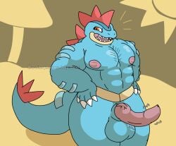 abs animal_genitalia animal_penis anthro balls big_penis blue_body body_hair chest_hair claws crocodilian erection feraligatr generation_2_pokemon genitals hands_on_hips hi_res looking_at_viewer male markings muscular muscular_anthro muscular_male nintendo nipples nude open_mouth ordinarymanner penis pokemon pokemon_(species) reptile scalie simple_background smile solo tail tan_markings teeth vein veiny_penis