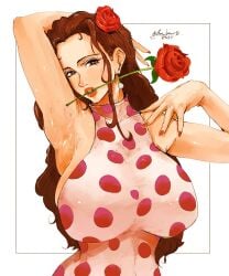 armpits arms_up auburn_hair bare_arms bon_drawr breasts clothed flower flower_in_hair flower_in_mouth large_breasts looking_at_viewer nico_robin one_piece rose rose_(flower) rose_in_hair rose_in_mouth side_boob