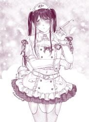 alternate_costume blush boob_window crossdressing elizabeth_(gintama) femboy fully_clothed garter_straps gintama katsura_kotarou long-haired_male long_hair looking_at_viewer male male_only monochrome navel nurse nurse_cap nurse_uniform shirotamayunn solo stockings syringe thick_thighs thighhighs twintails wrist_cuffs