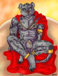 1boy artist balls cape chains clothing clownboy1 cum erection feline flaccid free general king leopard male male_only mammal mature muscular nipples nude penis piercing precum relaxing robe royalty sitting solo spots throne zeis