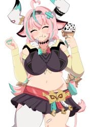 ass big_ass cow_ears cow_girl crow crown embarrassed genshin_impact hoyoverse long_hair pink_hair simple_background thick thick_ass thick_thighs thighhighs thighs varesa_(genshin_impact)