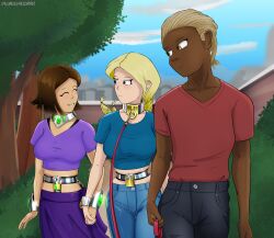 1boy 2girls blonde_hair brown_hair chastity_belt chastity_device collar female female_chastity femsub fully_clothed handholding happy happy_sub leash male metal_collar outdoors plasma-dragon smile smiling